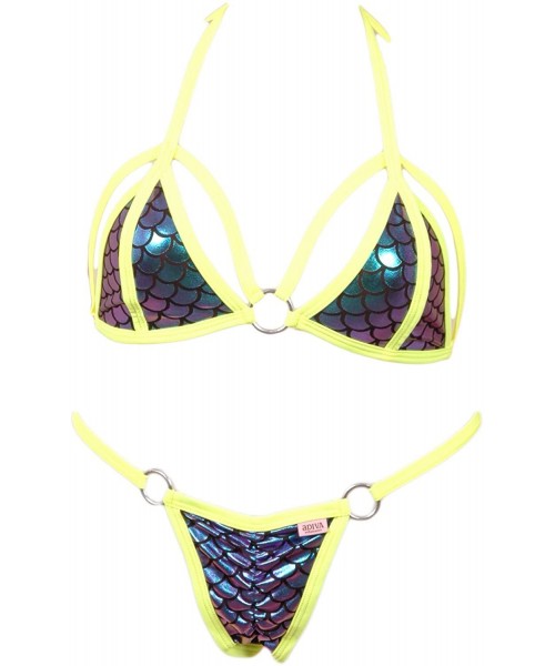 Sets Cut Out Bikini Top w/O-Ring and Matching Scrunchy Front/Back Panty (Iridescent Scale Sexy Bikini) - Neon Yellow - C618E9...