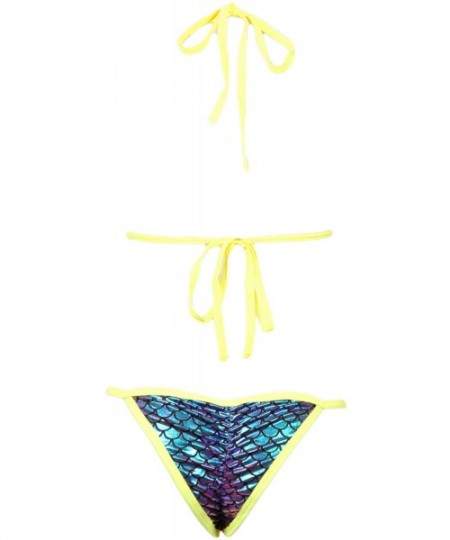 Sets Cut Out Bikini Top w/O-Ring and Matching Scrunchy Front/Back Panty (Iridescent Scale Sexy Bikini) - Neon Yellow - C618E9...