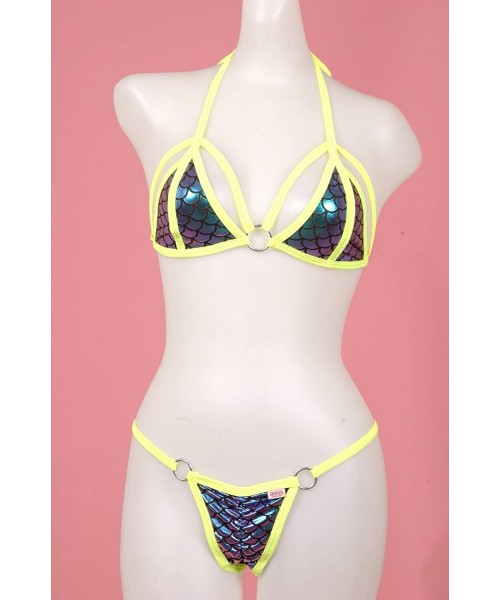 Sets Cut Out Bikini Top w/O-Ring and Matching Scrunchy Front/Back Panty (Iridescent Scale Sexy Bikini) - Neon Yellow - C618E9...