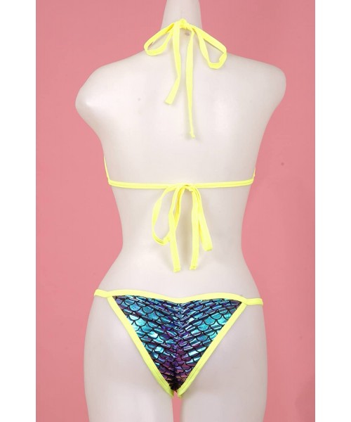 Sets Cut Out Bikini Top w/O-Ring and Matching Scrunchy Front/Back Panty (Iridescent Scale Sexy Bikini) - Neon Yellow - C618E9...