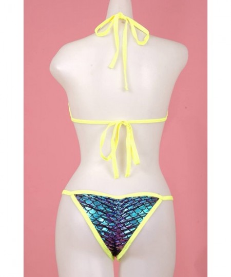 Sets Cut Out Bikini Top w/O-Ring and Matching Scrunchy Front/Back Panty (Iridescent Scale Sexy Bikini) - Neon Yellow - C618E9...