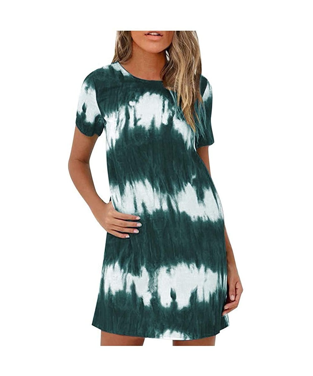 Rash Guards Plus Size Dresses Women Short Sleeve Tie-Dye Shift A Line T Shirt Dress with Pockets - Green - CA19DEO3OWS