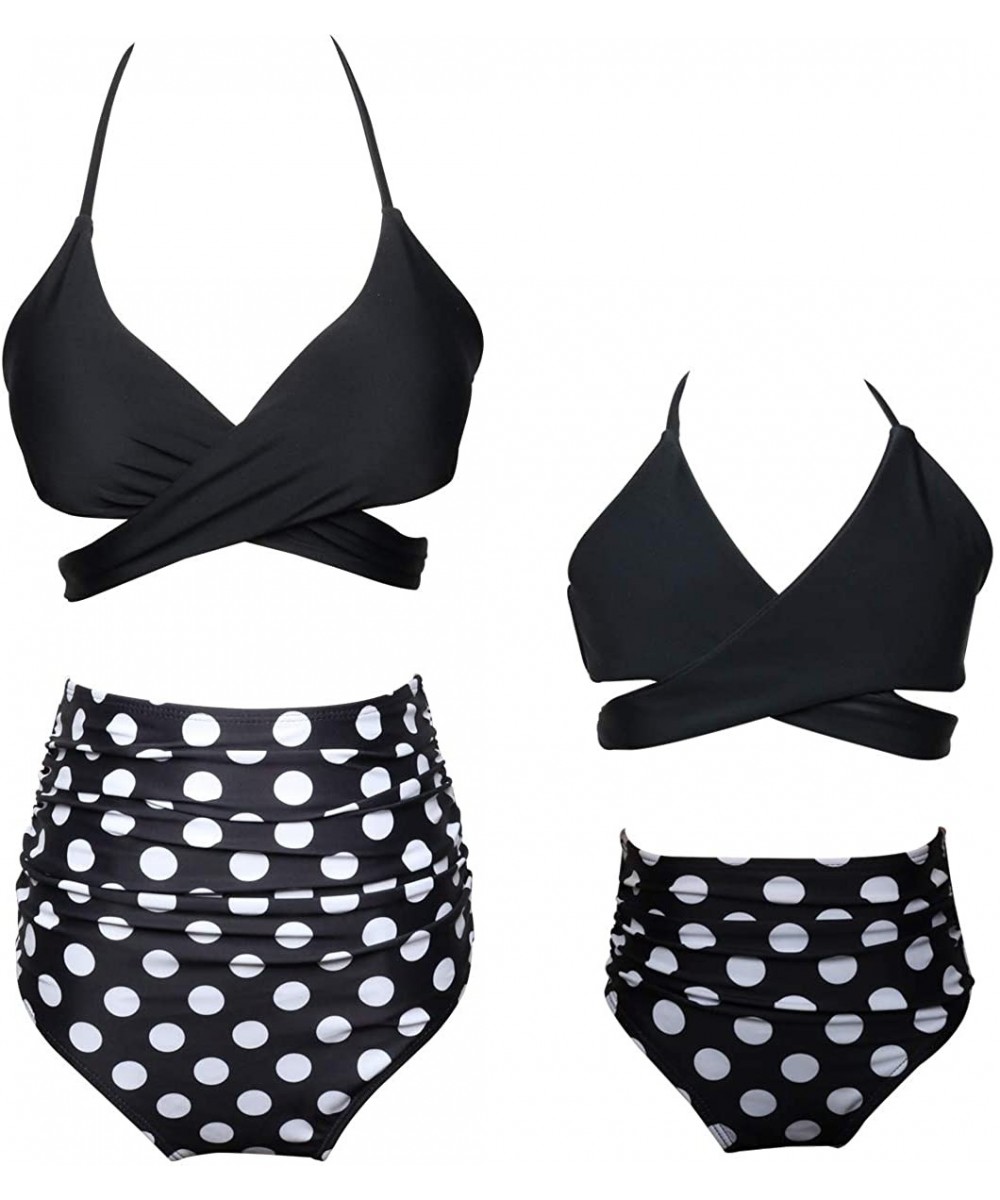 Sets Women/Baby Girl Swimsuit Two Pieces Bikini Set Falbala High Waisted Swimwear Bathing Suits - Black Polka - CF18RLEOO43