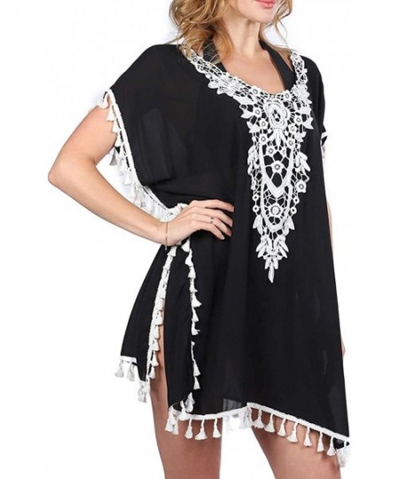 Cover-Ups Women Swimwear Dress Cover Up V Neck Bikini with Tassel - Black - CL193N46O6N