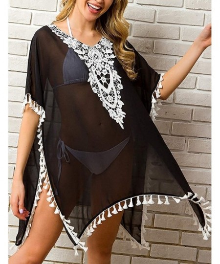 Cover-Ups Women Swimwear Dress Cover Up V Neck Bikini with Tassel - Black - CL193N46O6N