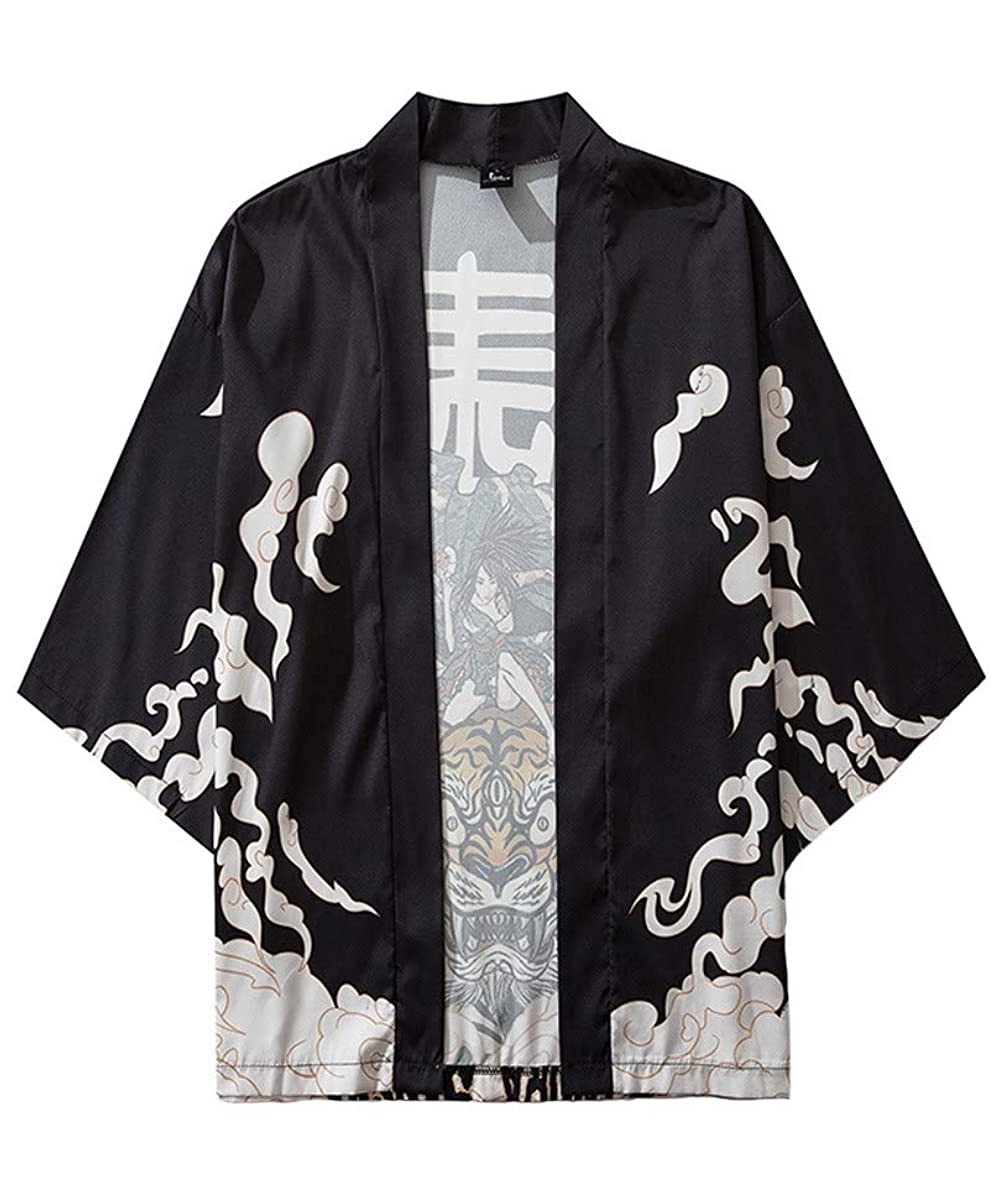 Rash Guards Summer Japanese Seven-Point Sleeve Kimono Robe Cloak Jacke Top Blouse Men Women Cape Coat - Black B - C9195HTTRE6