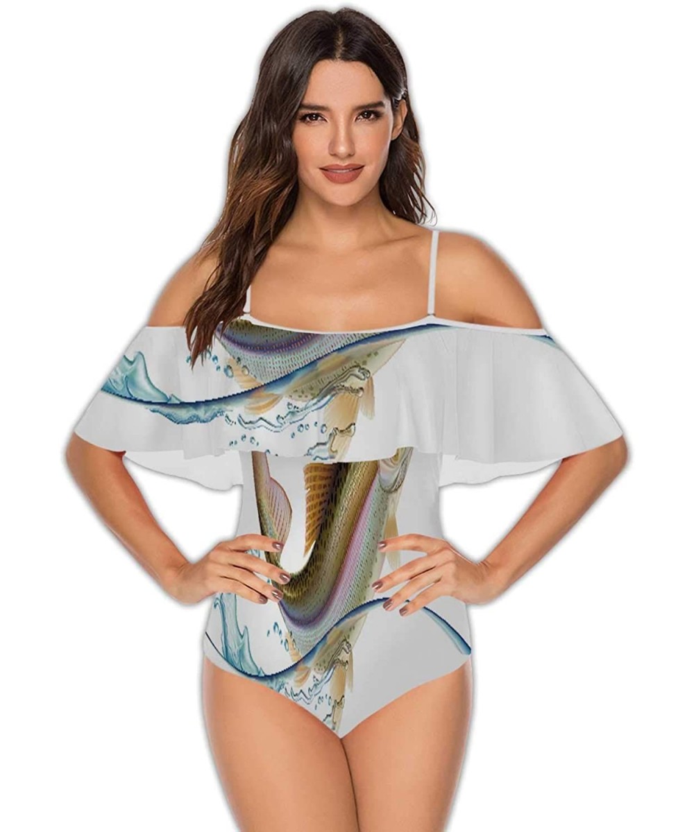 One-Pieces Art Deco Seamless Pattern with 4 Colours - Women Off Shoulder Ruffle Swimwear S - Multi 30 - CQ199E7R7HO