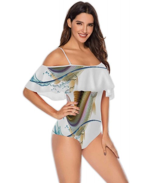 One-Pieces Art Deco Seamless Pattern with 4 Colours - Women Off Shoulder Ruffle Swimwear S - Multi 30 - CQ199E7R7HO