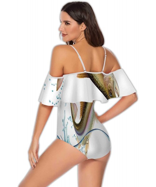 One-Pieces Art Deco Seamless Pattern with 4 Colours - Women Off Shoulder Ruffle Swimwear S - Multi 30 - CQ199E7R7HO