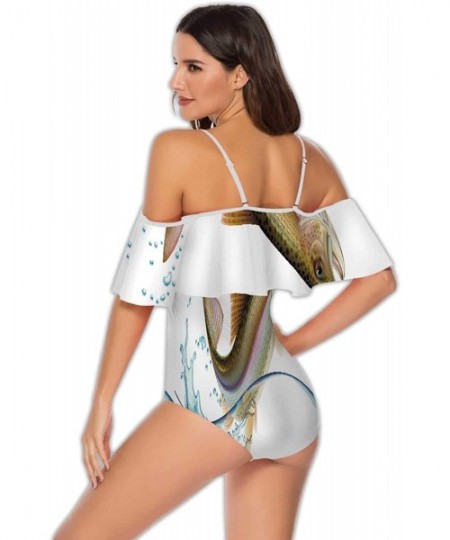 One-Pieces Art Deco Seamless Pattern with 4 Colours - Women Off Shoulder Ruffle Swimwear S - Multi 30 - CQ199E7R7HO