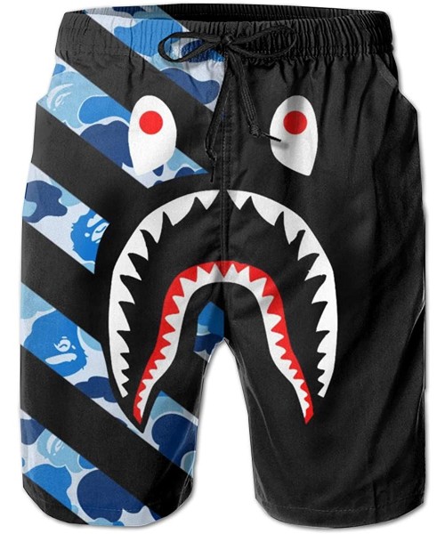 Board Shorts Relaxed Men's Big & Tall Swim Trunks Board Shorts for Beach Gym Surf - Blue Camo Bape Shark Teeth Logo Black - C...