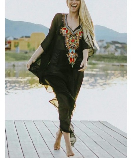 Cover-Ups Women's Swimwear Turkish Kaftans Swimsuit Cover up Caftan Beach Long Dress - Black 2 - C718A2EWX0Z