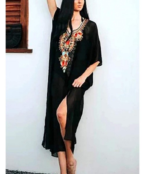 Cover-Ups Women's Swimwear Turkish Kaftans Swimsuit Cover up Caftan Beach Long Dress - Black 2 - C718A2EWX0Z