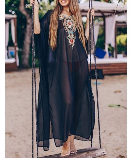 Cover-Ups Women's Swimwear Turkish Kaftans Swimsuit Cover up Caftan Beach Long Dress - Black 2 - C718A2EWX0Z