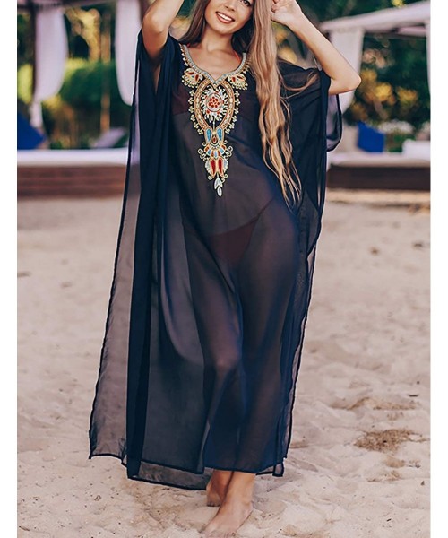 Cover-Ups Women's Swimwear Turkish Kaftans Swimsuit Cover up Caftan Beach Long Dress - Black 2 - C718A2EWX0Z