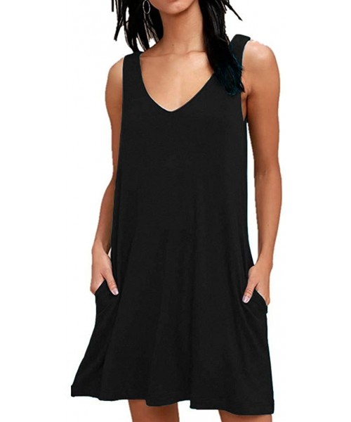 Cover-Ups Women Summer Casual T Shirt Dresses Beach Cover up Plain Pleated Tank Dress - Black - C718NZZ32AI