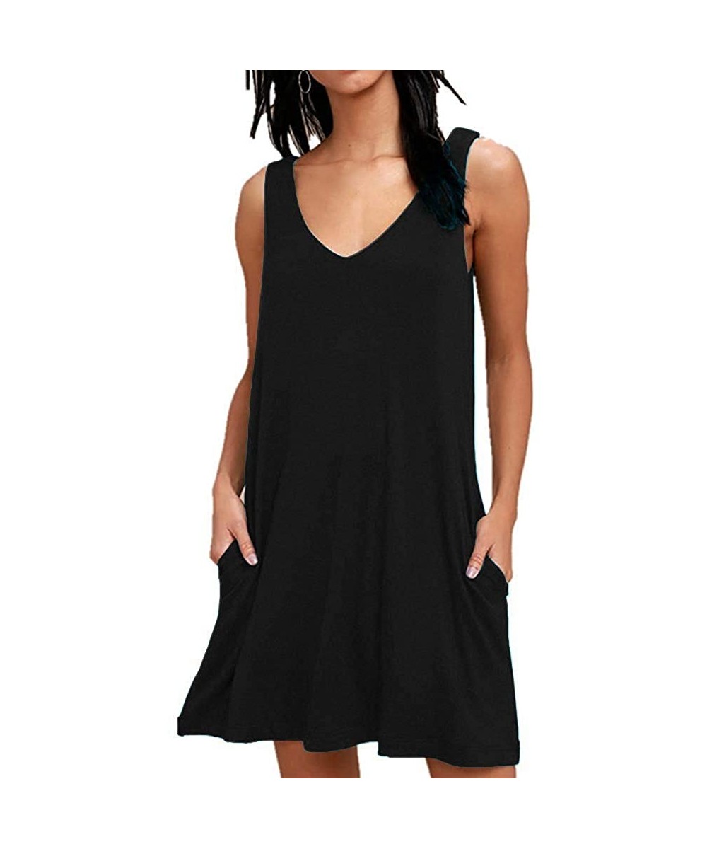 Cover-Ups Women Summer Casual T Shirt Dresses Beach Cover up Plain Pleated Tank Dress - Black - C718NZZ32AI