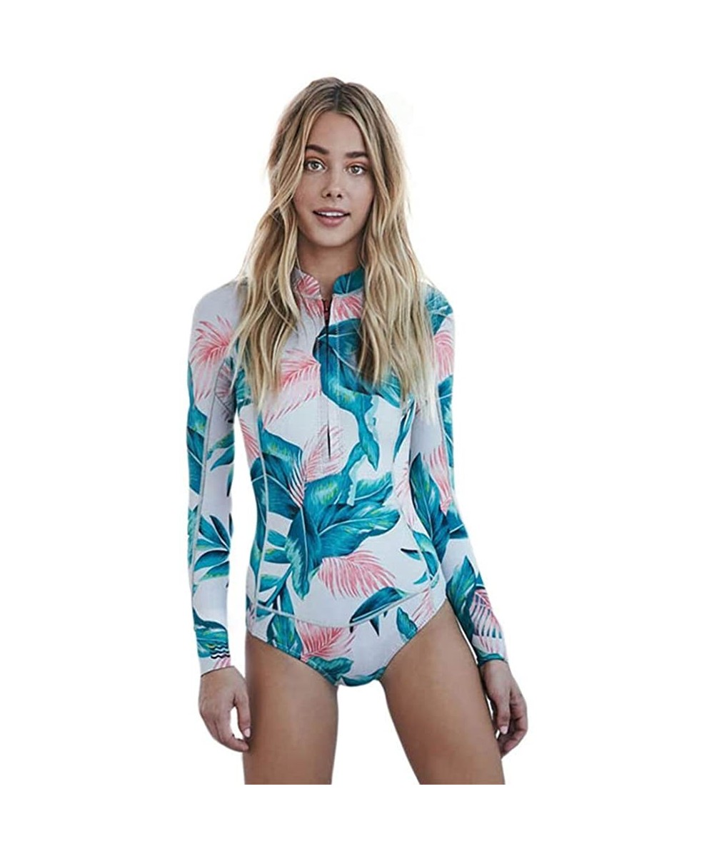 Cover-Ups Women Zip Up Rash Guard 1 Piece Print Swimsuit Long Sleeve Swimwear - Blue - C1182K6LI9H