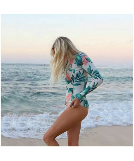 Cover-Ups Women Zip Up Rash Guard 1 Piece Print Swimsuit Long Sleeve Swimwear - Blue - C1182K6LI9H