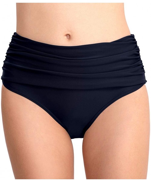 Tankinis Women's Swim Brief Shirred High Waist Full Coverage Bikini Bottom - Dark Blue - C518T2AL82I