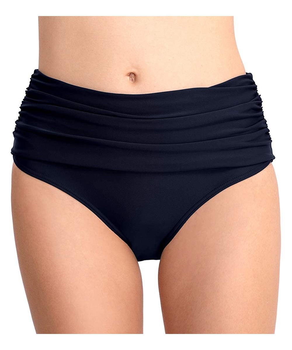 Tankinis Women's Swim Brief Shirred High Waist Full Coverage Bikini Bottom - Dark Blue - C518T2AL82I