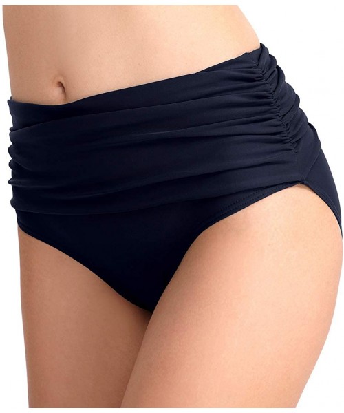 Tankinis Women's Swim Brief Shirred High Waist Full Coverage Bikini Bottom - Dark Blue - C518T2AL82I