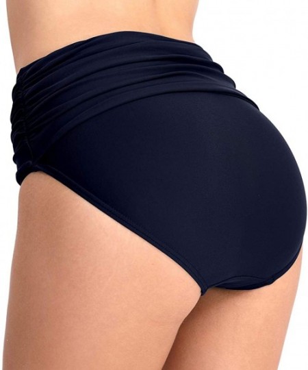 Tankinis Women's Swim Brief Shirred High Waist Full Coverage Bikini Bottom - Dark Blue - C518T2AL82I