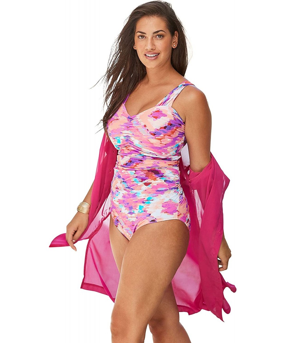 One-Pieces Women's Plus Size Shirred One-Piece Swimsuit - Pink Batik Tie Dye (0150) - CR195SQX6LN