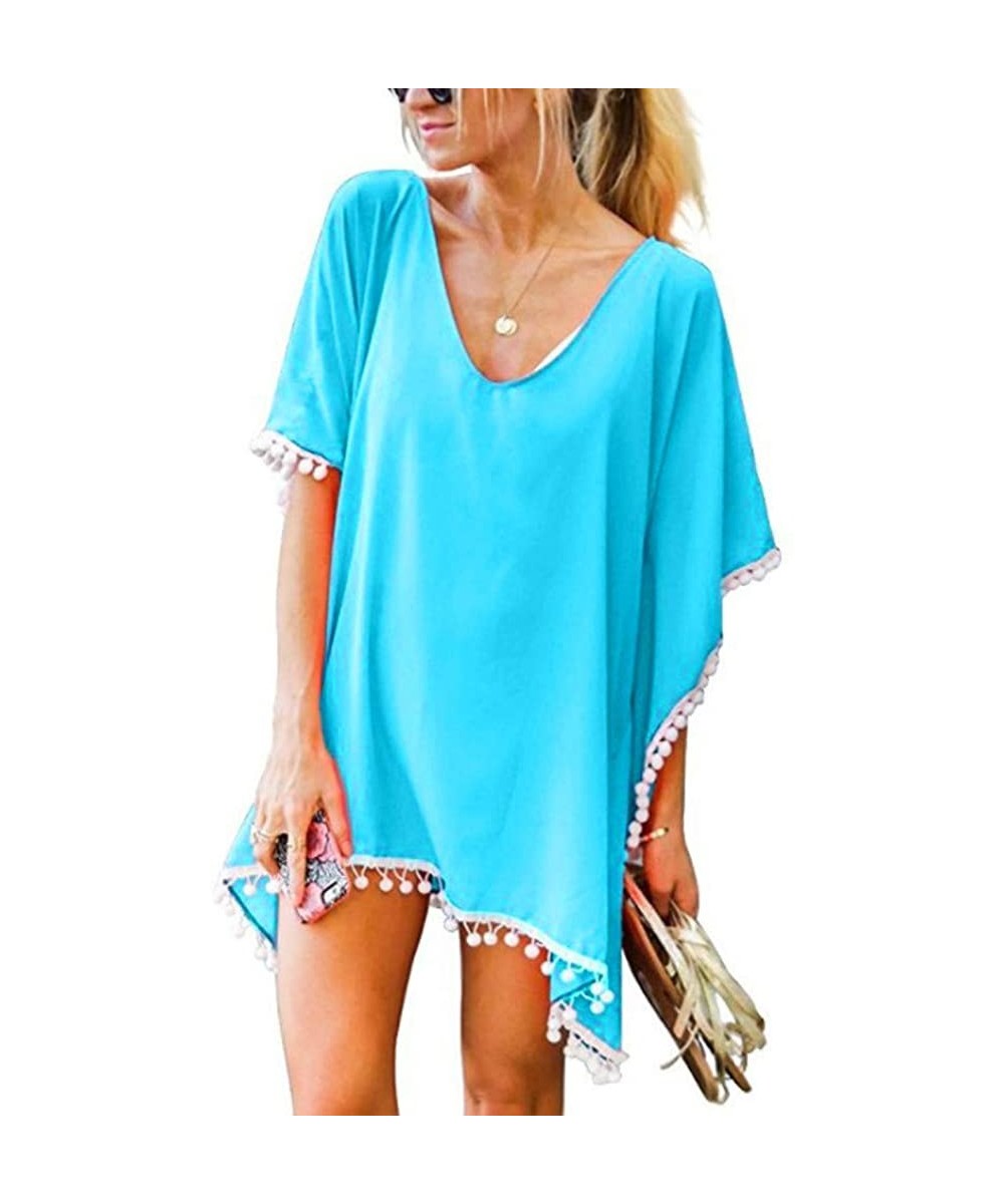 Cover-Ups Women's Solid Color Cover-ups Tassel Swimsuit Beach Bikini Cover Ups for Swimwear - Sky Blue - CR1960EE5HW