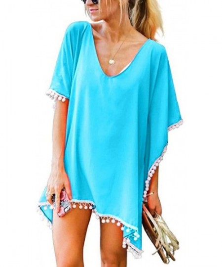 Cover-Ups Women's Solid Color Cover-ups Tassel Swimsuit Beach Bikini Cover Ups for Swimwear - Sky Blue - CR1960EE5HW