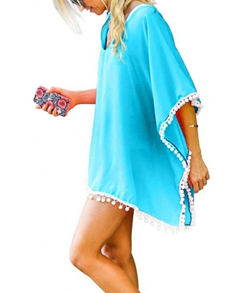 Cover-Ups Women's Solid Color Cover-ups Tassel Swimsuit Beach Bikini Cover Ups for Swimwear - Sky Blue - CR1960EE5HW