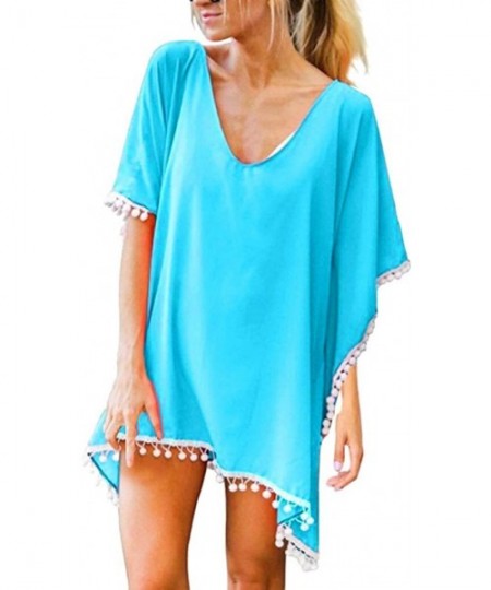 Cover-Ups Women's Solid Color Cover-ups Tassel Swimsuit Beach Bikini Cover Ups for Swimwear - Sky Blue - CR1960EE5HW