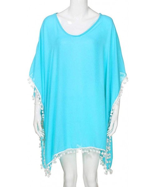 Cover-Ups Women's Solid Color Cover-ups Tassel Swimsuit Beach Bikini Cover Ups for Swimwear - Sky Blue - CR1960EE5HW