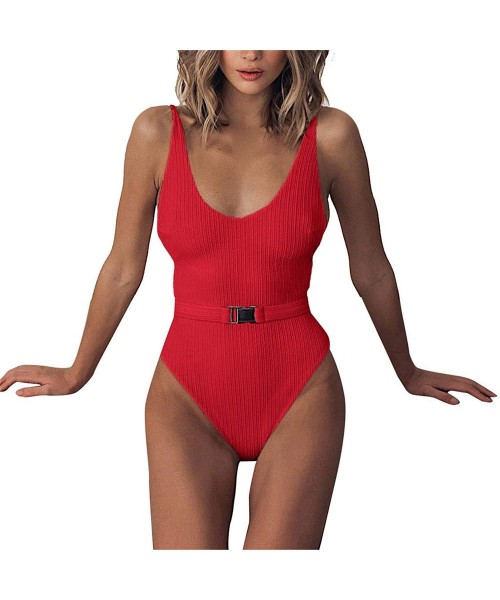 One-Pieces Swimwear- Women Ribbed One-Piece Swimsuit High Cut Buckle Belted Bathing Suit Push-Up Padded Bra - Red - CR193NLNS2O