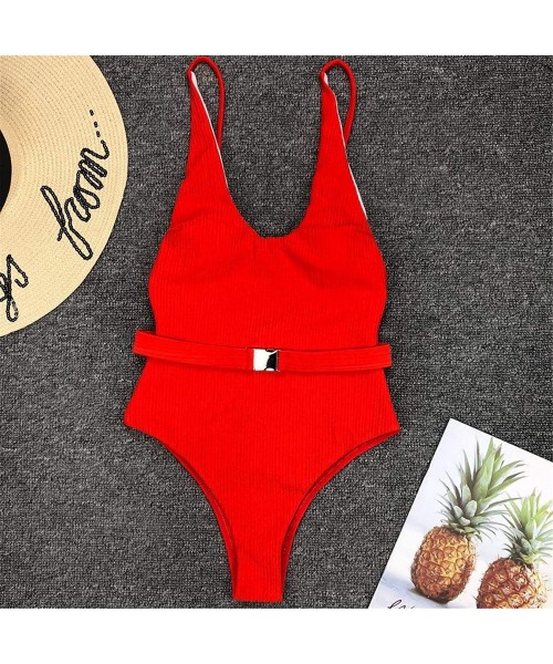 One-Pieces Swimwear- Women Ribbed One-Piece Swimsuit High Cut Buckle Belted Bathing Suit Push-Up Padded Bra - Red - CR193NLNS2O