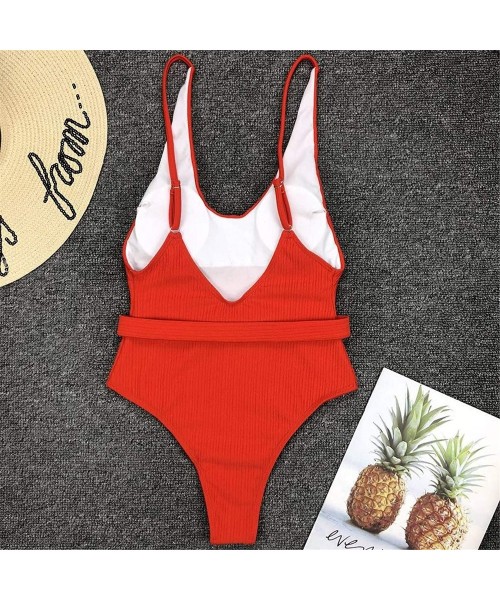 One-Pieces Swimwear- Women Ribbed One-Piece Swimsuit High Cut Buckle Belted Bathing Suit Push-Up Padded Bra - Red - CR193NLNS2O