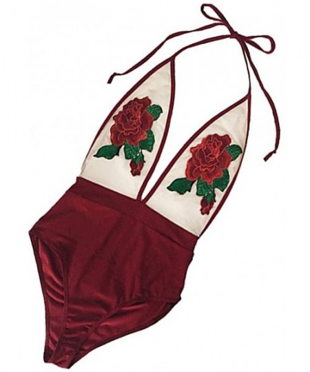 One-Pieces Women's Embroidery Rose Red Sheer Mesh One Piece Swimsuit Beahwear - Burgundy - CE182YQGGS2