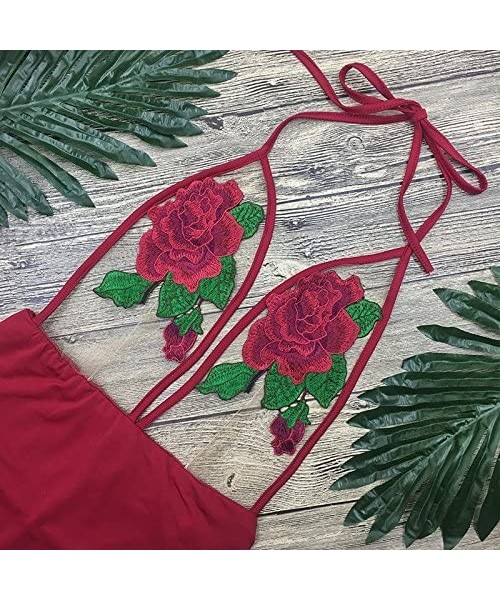 One-Pieces Women's Embroidery Rose Red Sheer Mesh One Piece Swimsuit Beahwear - Burgundy - CE182YQGGS2