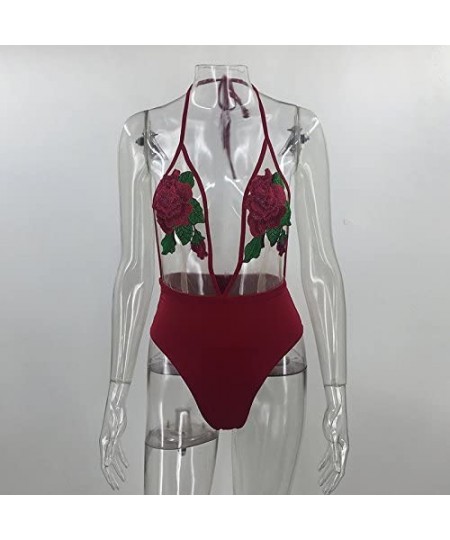 One-Pieces Women's Embroidery Rose Red Sheer Mesh One Piece Swimsuit Beahwear - Burgundy - CE182YQGGS2