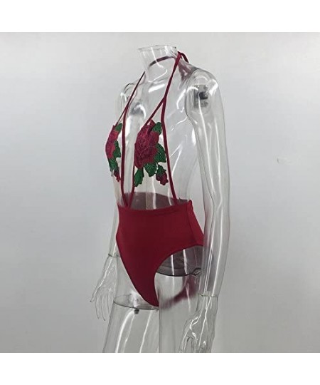 One-Pieces Women's Embroidery Rose Red Sheer Mesh One Piece Swimsuit Beahwear - Burgundy - CE182YQGGS2