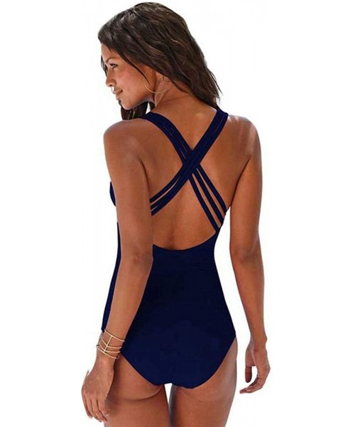 One-Pieces Fashion One Piece Halter Swimsuit Ruffle Deep V Bathing Suit Padded Monokini - A-blue - CH18SS8HYIH