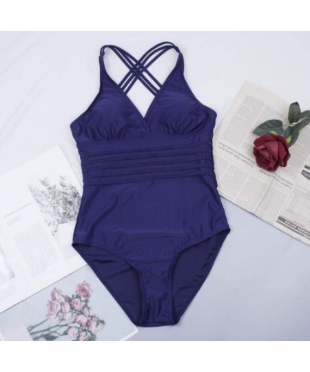 One-Pieces Fashion One Piece Halter Swimsuit Ruffle Deep V Bathing Suit Padded Monokini - A-blue - CH18SS8HYIH