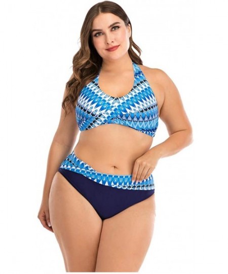 Rash Guards Plus Size Womens High-Waisted Bikini Set Two Pieces Beach Swimwear Bathing Suit Swimsuits - 03 Blue - CG194E2WIH6