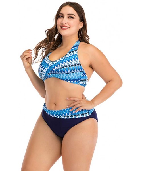 Rash Guards Plus Size Womens High-Waisted Bikini Set Two Pieces Beach Swimwear Bathing Suit Swimsuits - 03 Blue - CG194E2WIH6