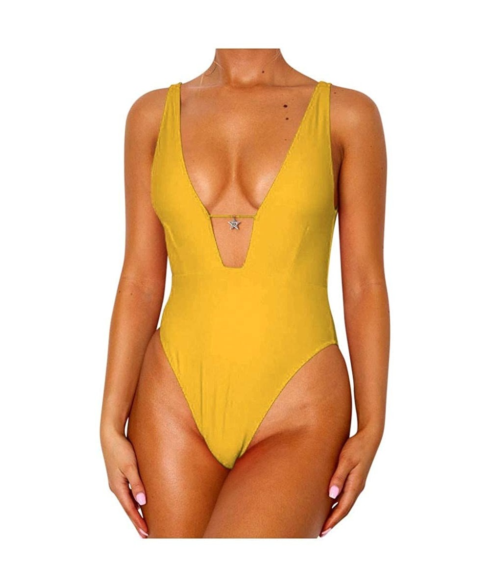 One-Pieces Womens Swimsuits Tummy Control Swimwear Solid High Waisted One Piece Bathing Suits Slim Vintage Bikini Monokini Ye...