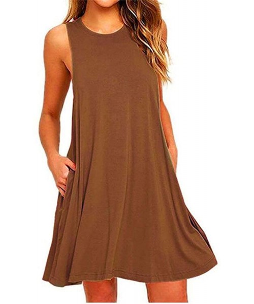 Cover-Ups Women's Sleeveless Casual T Shirt Dress Beach Cover Up Tank Dresses with Pockets - Coffee - CB190RH8QN7