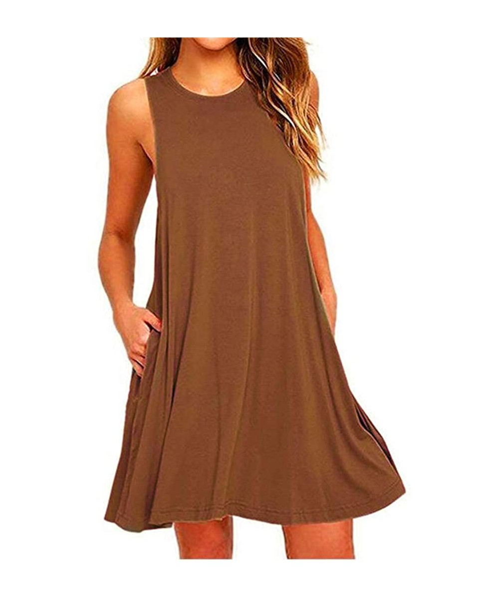 Cover-Ups Women's Sleeveless Casual T Shirt Dress Beach Cover Up Tank Dresses with Pockets - Coffee - CB190RH8QN7