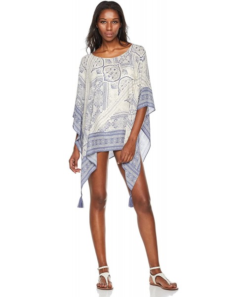 Cover-Ups Women's Beach Cover up Swimwear Cardigan with Ruffle Tassel and Embroidered Neck Trim - Blue - CN18D8N5K0E