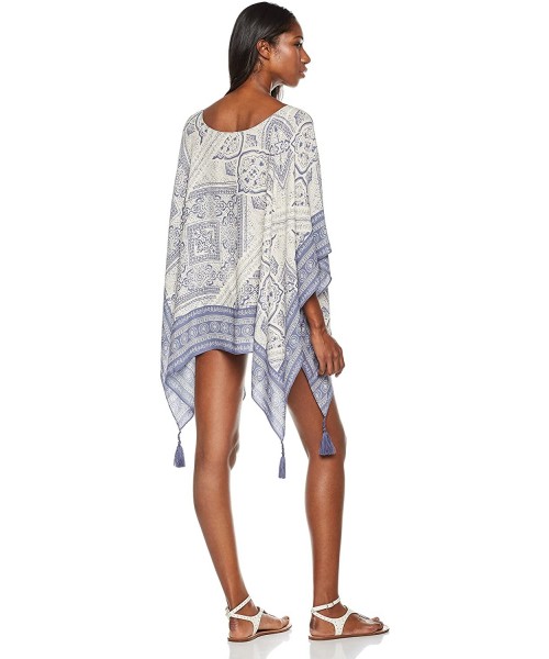 Cover-Ups Women's Beach Cover up Swimwear Cardigan with Ruffle Tassel and Embroidered Neck Trim - Blue - CN18D8N5K0E