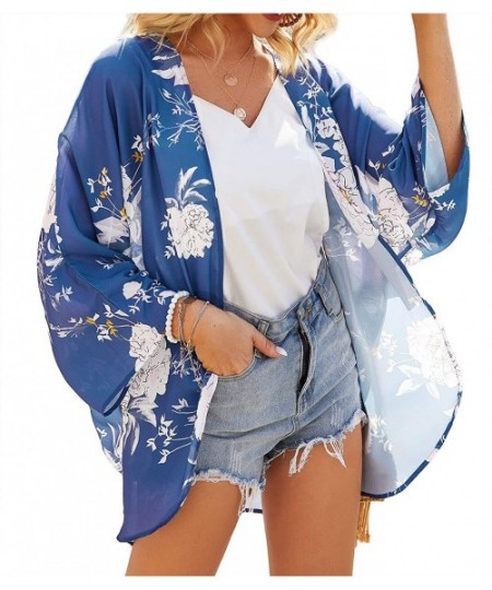 Cover-Ups Womens Floral Chiffon Kimono Cardigans Loose Beach Cover Up Half Sleeve Tops - 0navy+white - CU193AM5C5Y